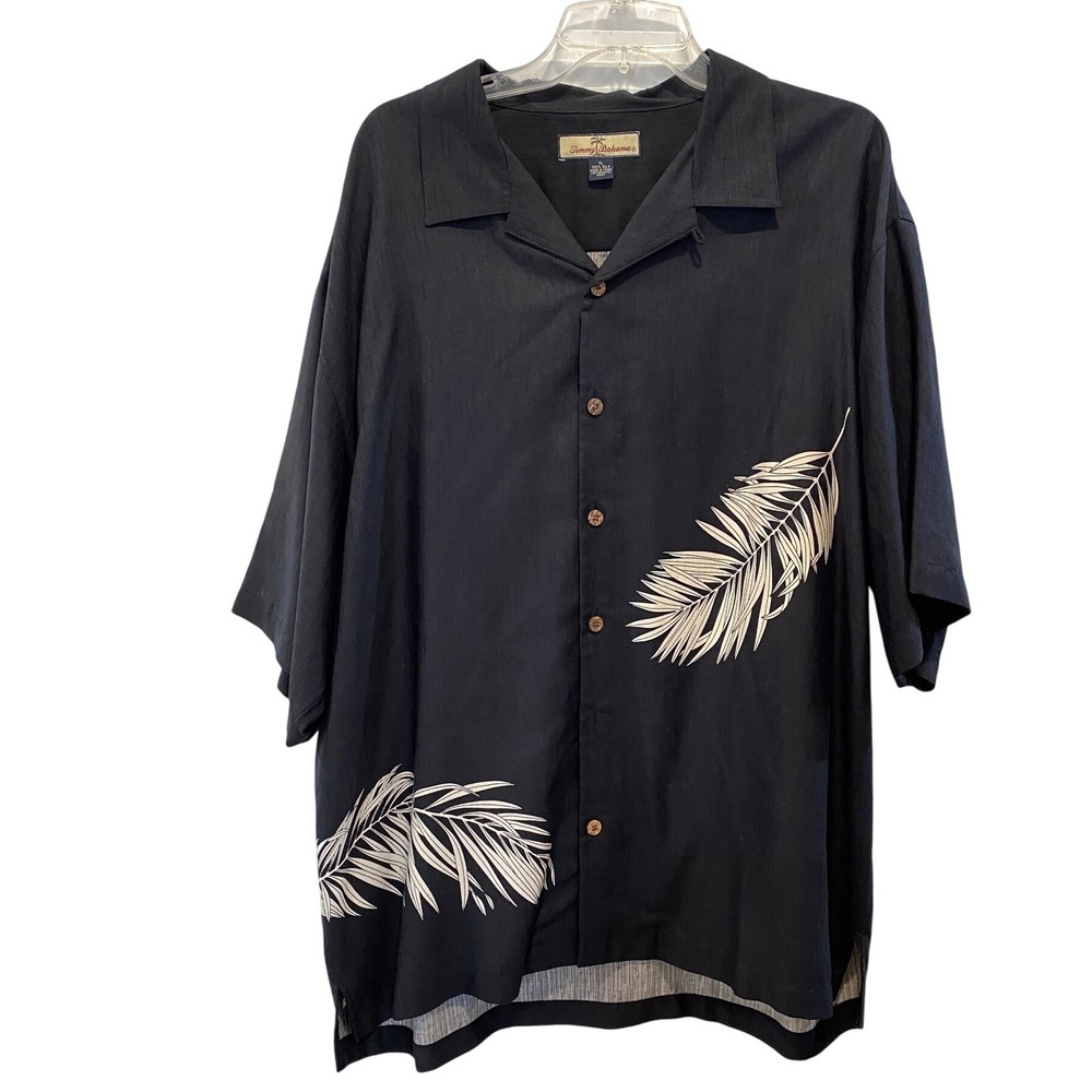 Tommy Bahama Mens XL Black 100% Silk Palm Frond Camp Shirt Short Sleeve Tropical